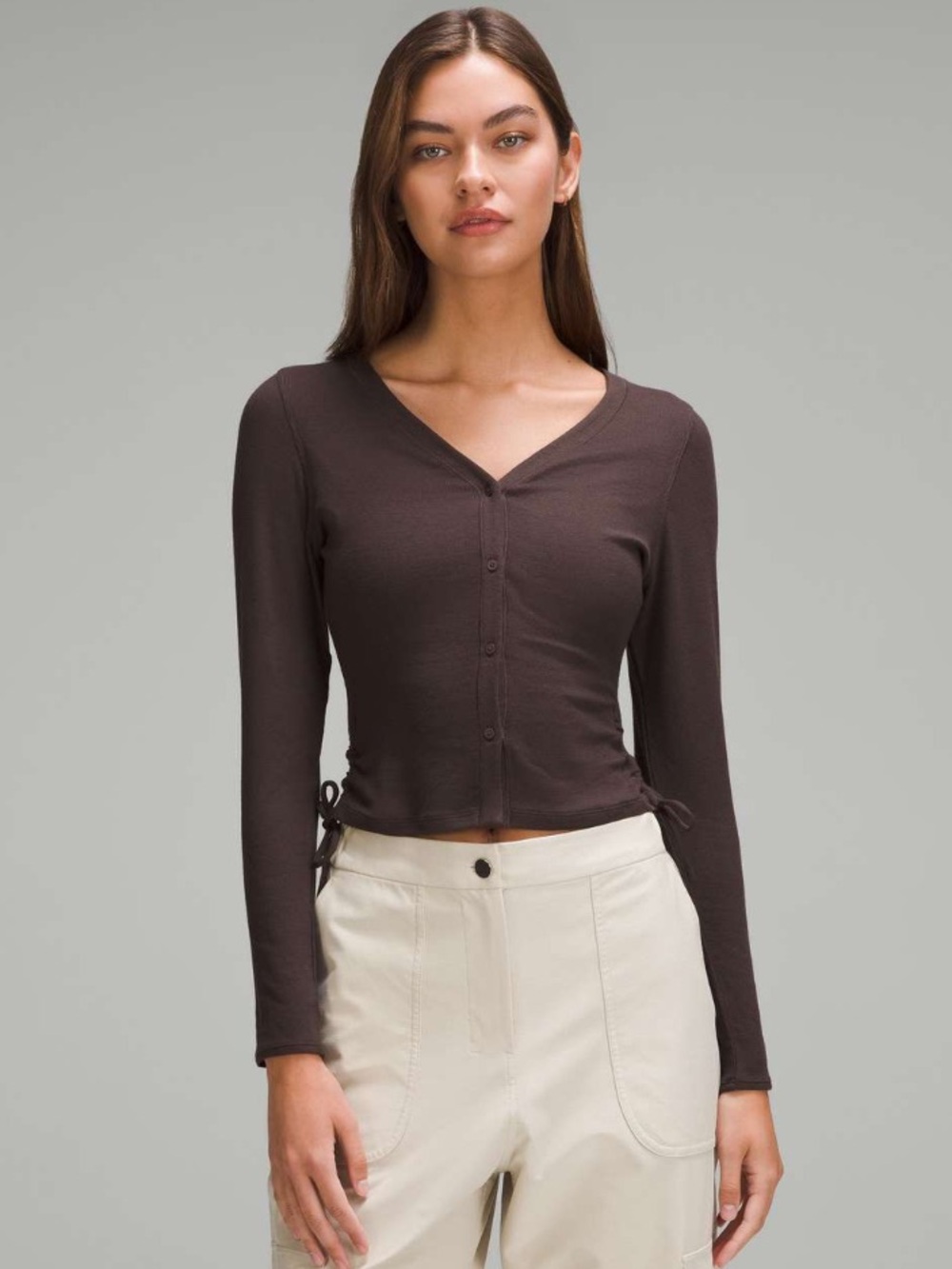 GUC Lululemon Side-Cinch Ribbed Cardigan. Color Espresso. Size S
